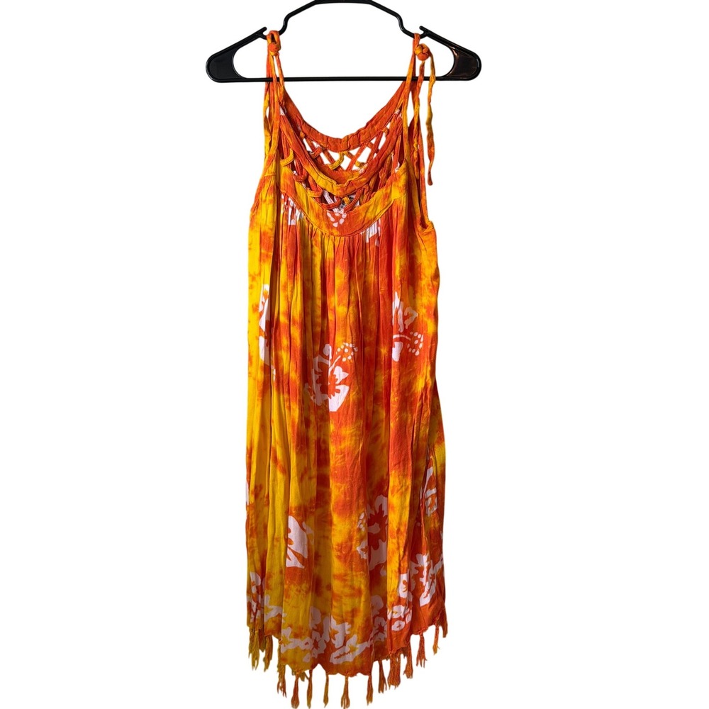 Young‎ Fashion Orange Yellow Tie Dye Hibiscus Tassel Fringe Sundress One Size